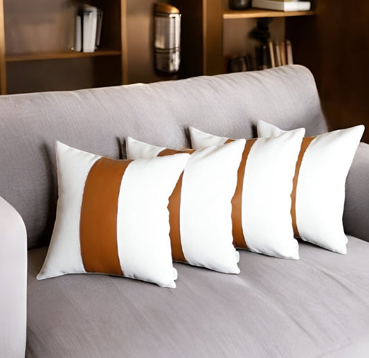 Set of Four 17" Brown And White Faux Leather Throw Pillow Covers