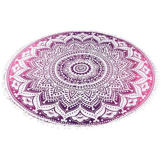 32" Pink and White Round Geometric Floor Pillow Cover With Pompoms