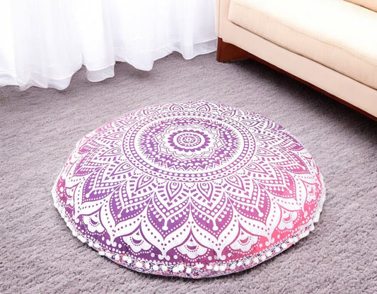 32" Pink and White Round Geometric Floor Pillow Cover With Pompoms