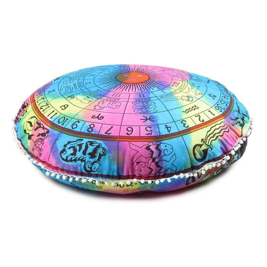32" X 32" Blue And Pink Round Horoscope Fabric Floor Throw Pillow Cover with Pompoms