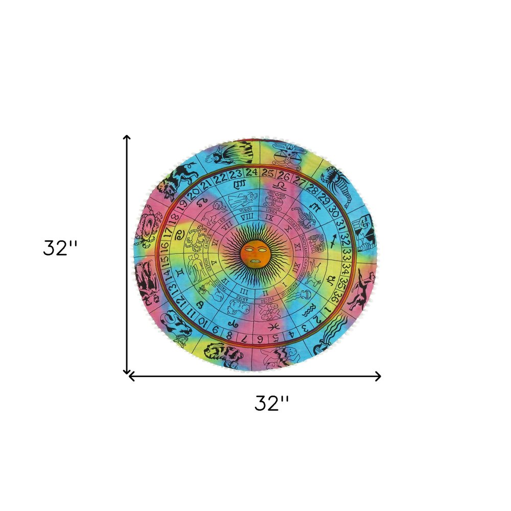 32" X 32" Blue And Pink Round Horoscope Fabric Floor Throw Pillow Cover with Pompoms