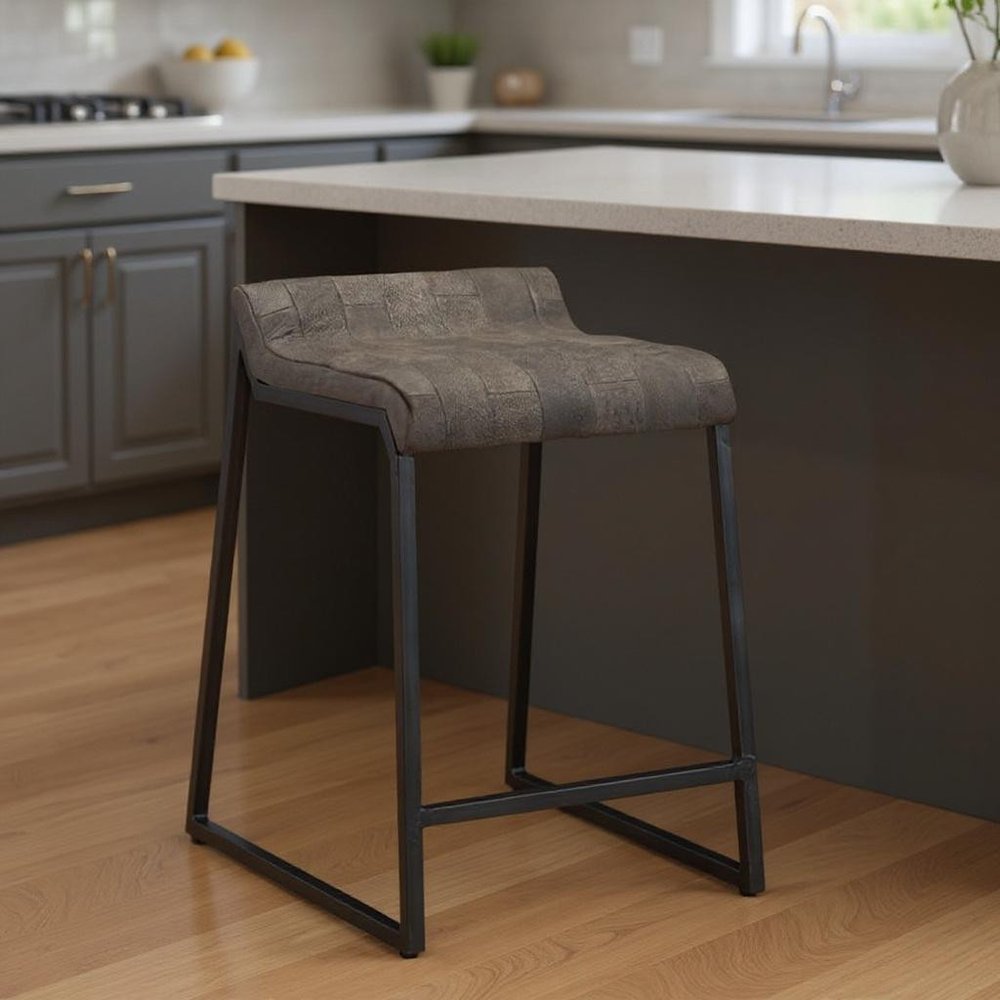 25" Brown And Black Leather And Iron Low Back Counter Height Bar Chair