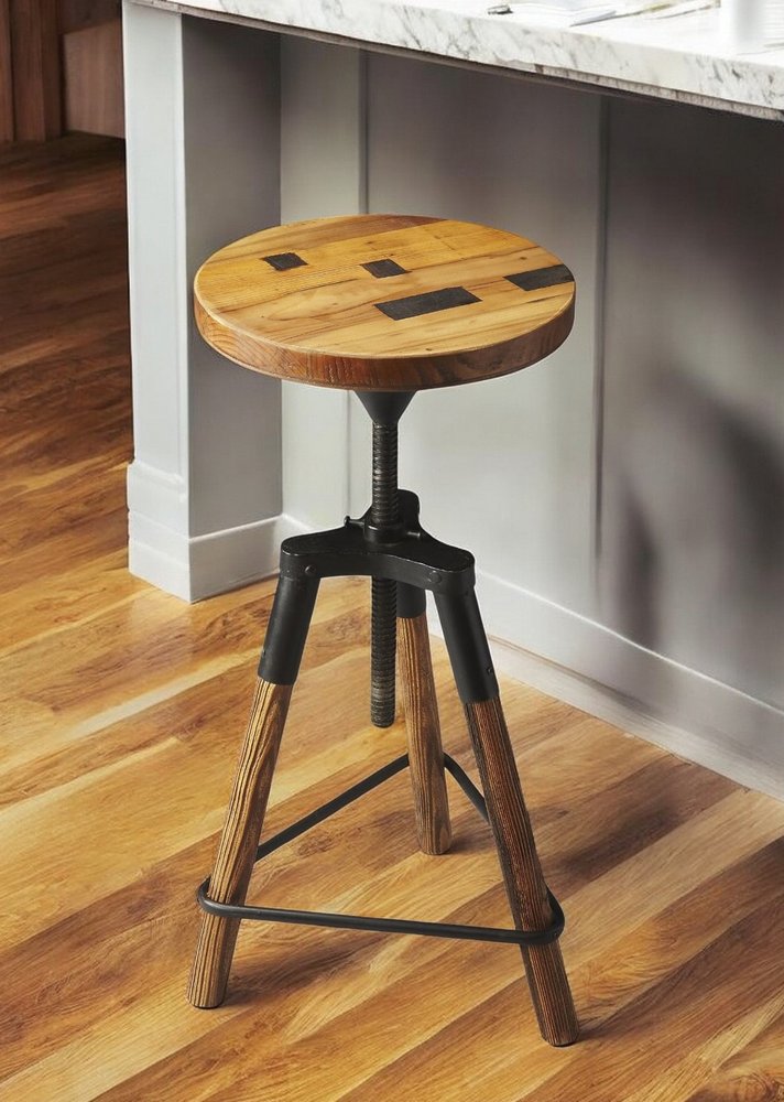 Brown and Black Manufactured Wood and Iron Backless Counter Height Swivel Bar Chair