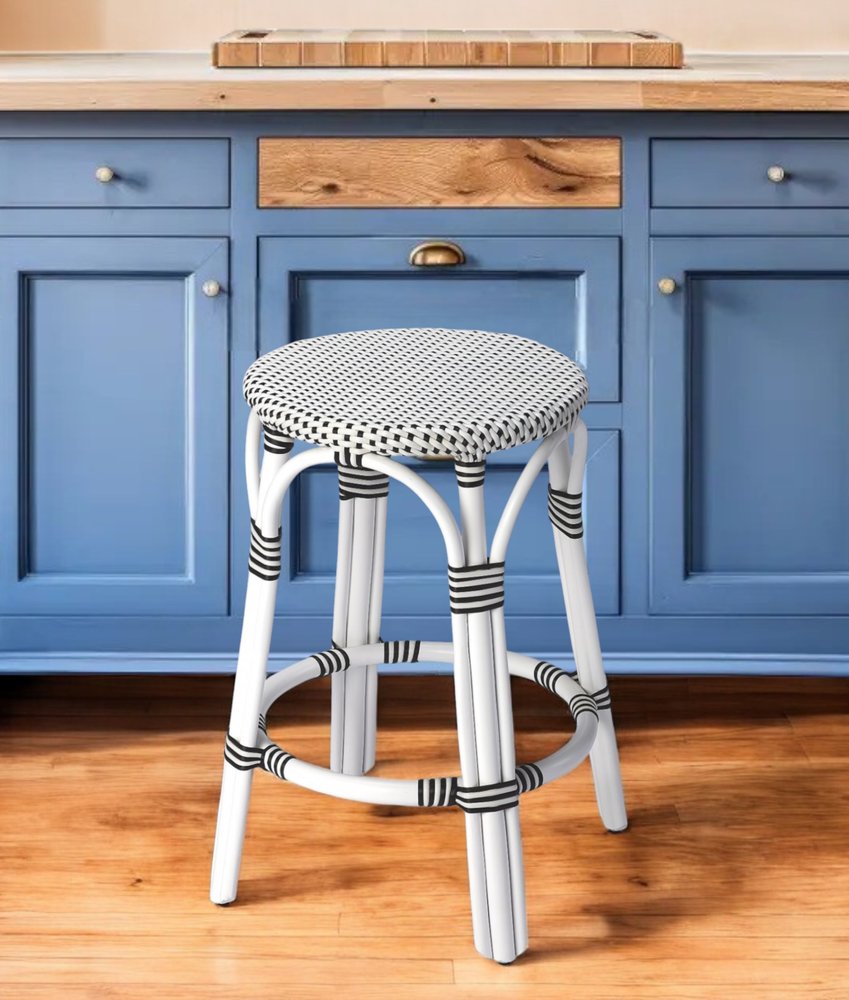 24" Black and White Rattan Backless Counter Height Bar Chair