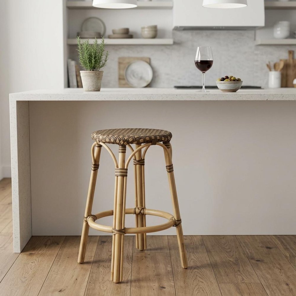 24" Natural and Brown Rattan Backless Counter Height Bar Chair