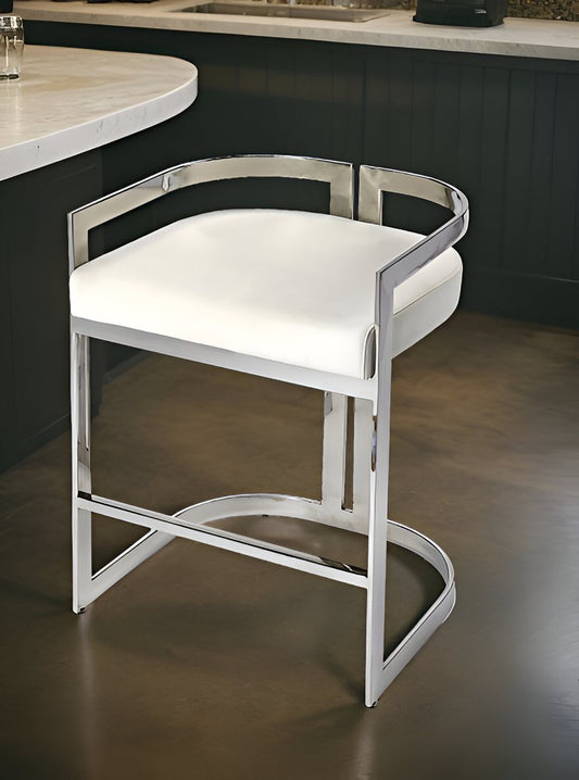 28" White and Silver Stainless Steel and Iron Low Back Counter Height Bar Chair