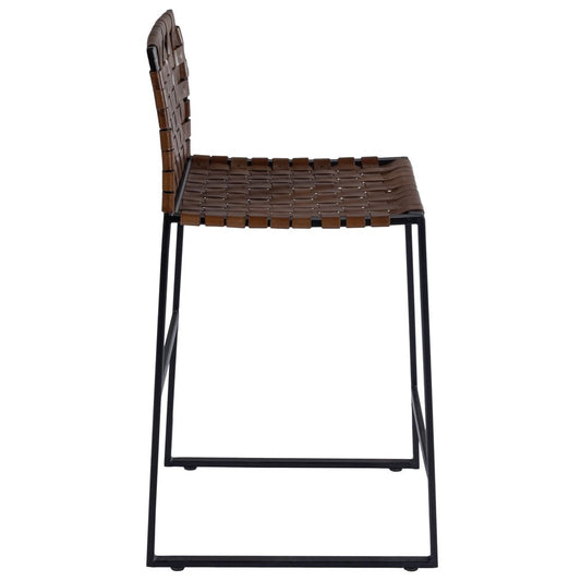 36" Brown and Black Leather and Iron Bar Chair