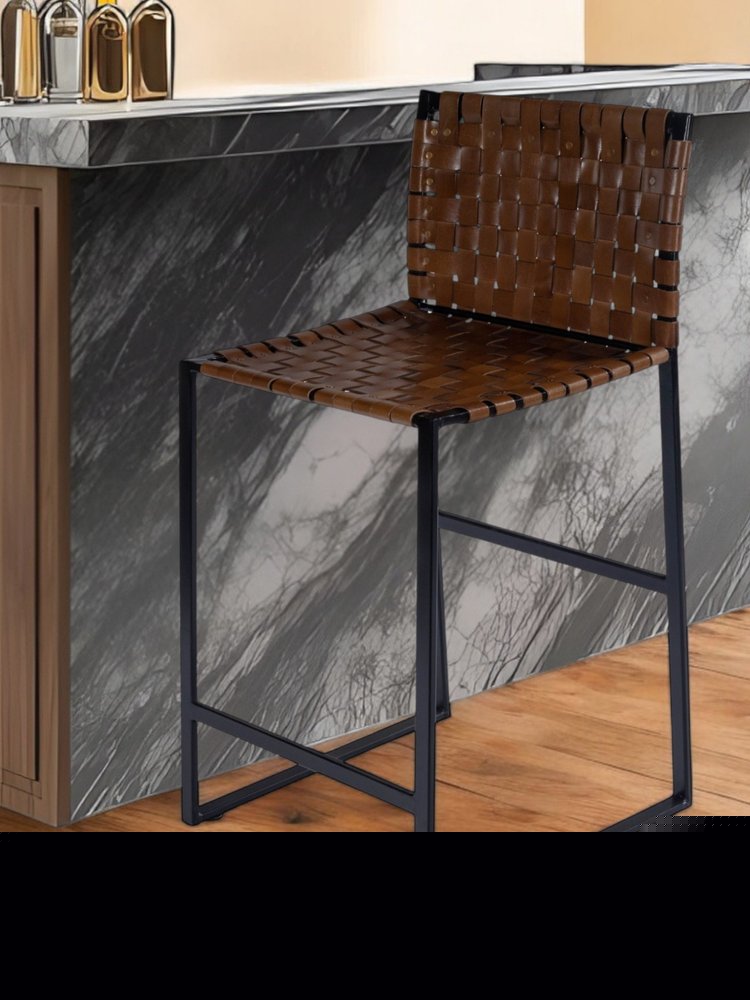 36" Brown and Black Leather and Iron Bar Chair