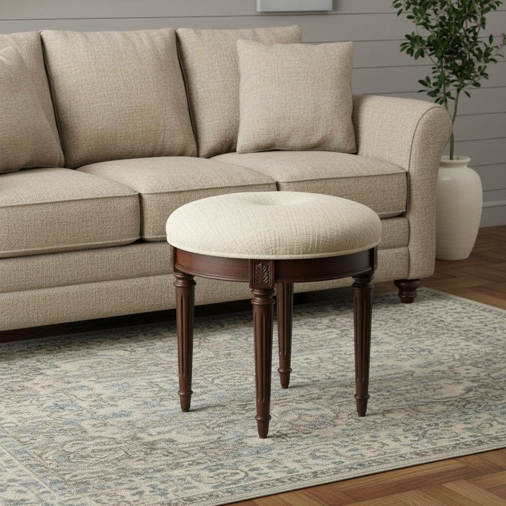 18" Off White Linen And Dark Brown Ottoman