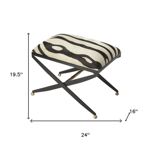 24" Black And White Cotton Blend And Black Ottoman
