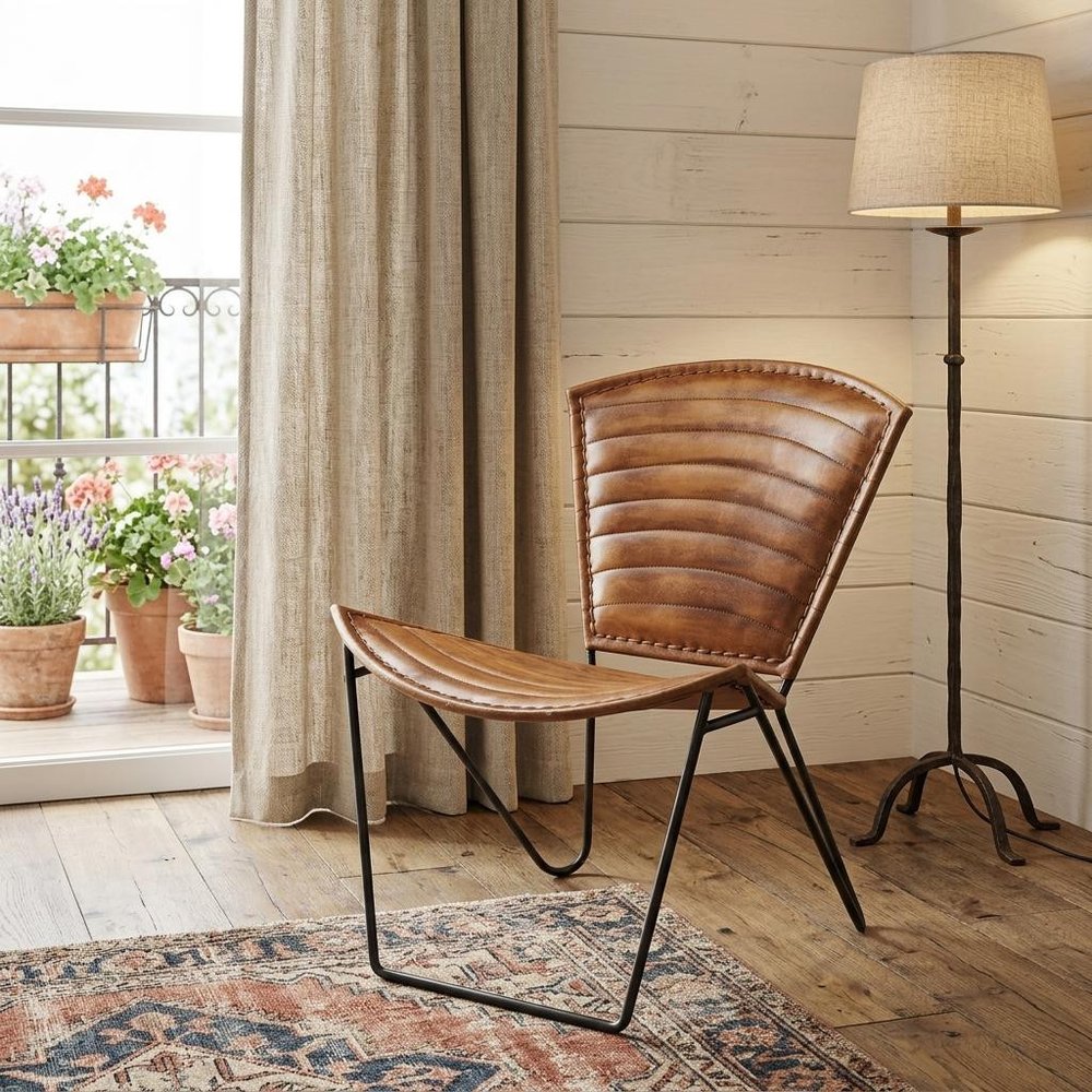 23" Brown and Black Leather and Iron Striped Side Chair
