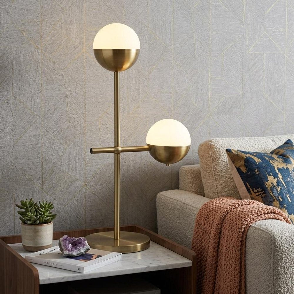 69" Brass Metal Bedside Table Lamp With Off White Globe Shade