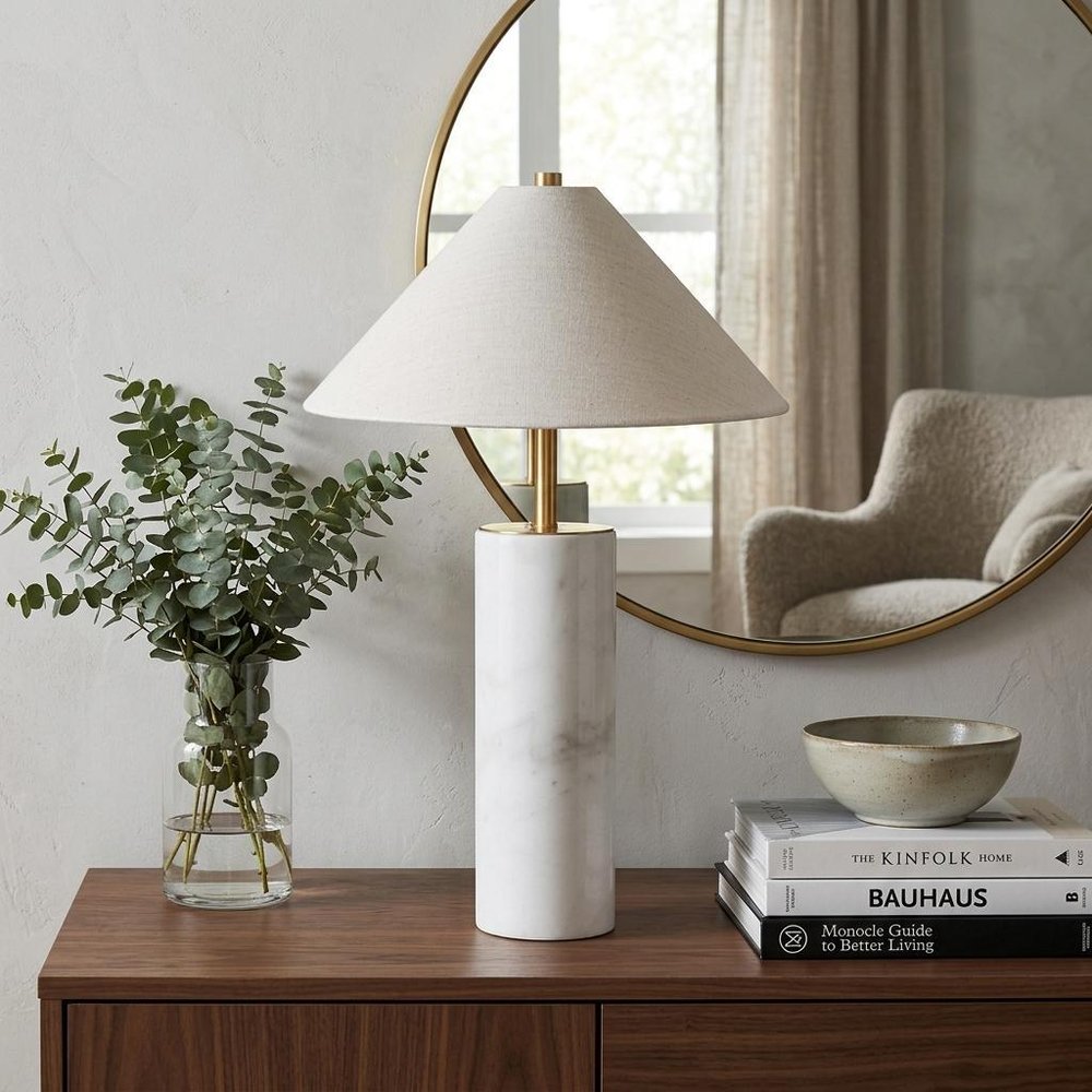 55" White Metal Bedside Table Lamp With Beige Empire Shade
