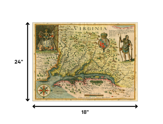 24" X 32" Map Of Virginia C1627 Vintage Poster Wall Art