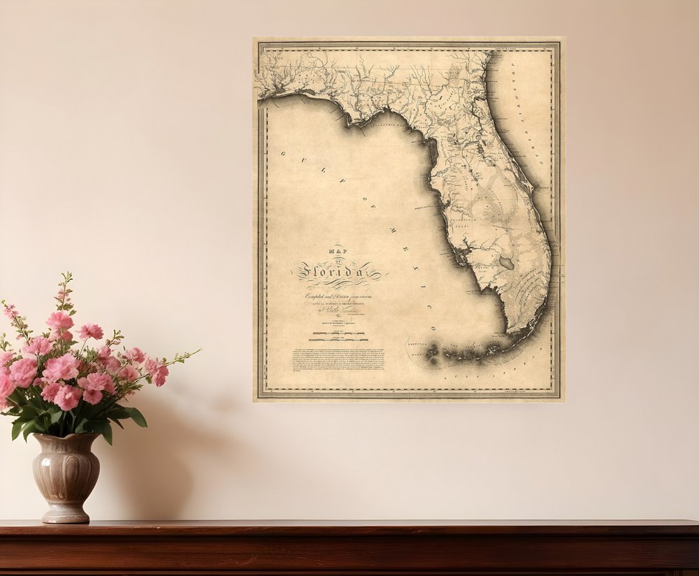 24" X 28" C1823 Early Map Of Florida Vintage Poster Wall Art