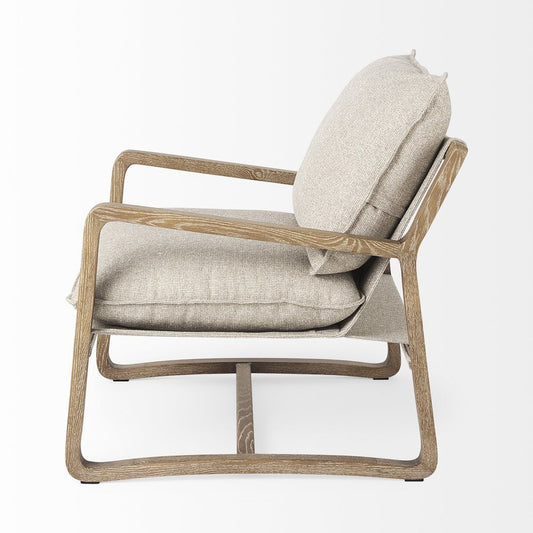 34" Beige And Wood Brown Fabric Lounge Chair