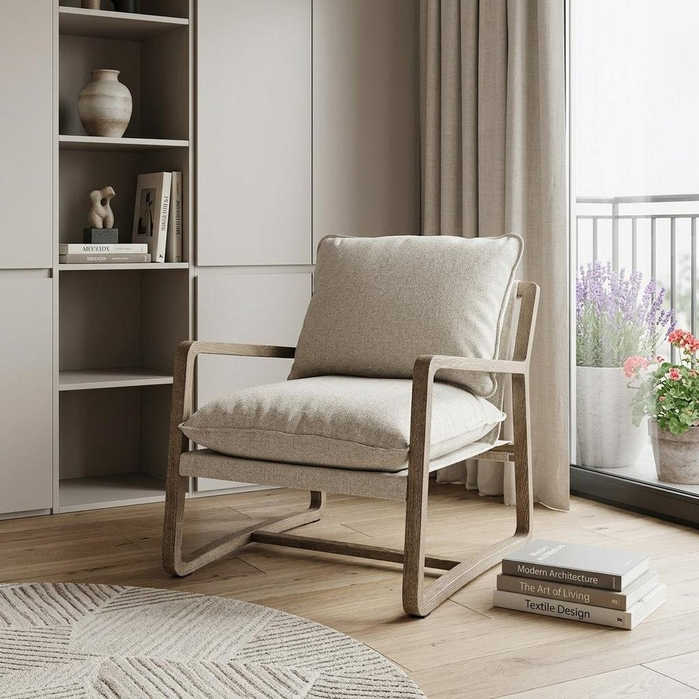 34" Beige And Wood Brown Fabric Lounge Chair