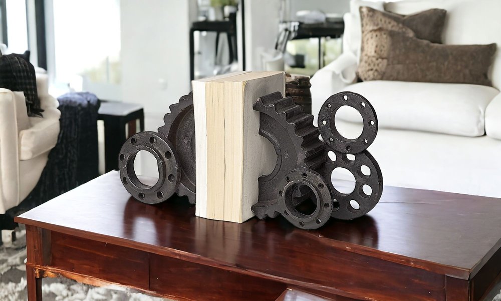 Matte Black Industrial Cogs Bookends