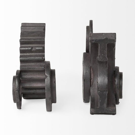 Set of Two Matte Black Industrial Cog Bookends