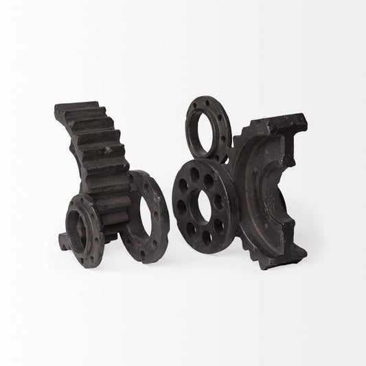 Set of Two Matte Black Industrial Cog Bookends