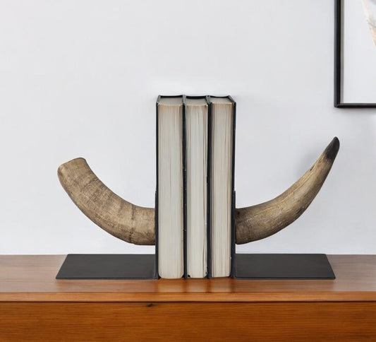 Set of Two 6" Brown and Black Ceramic Horn Decorative Bookends
