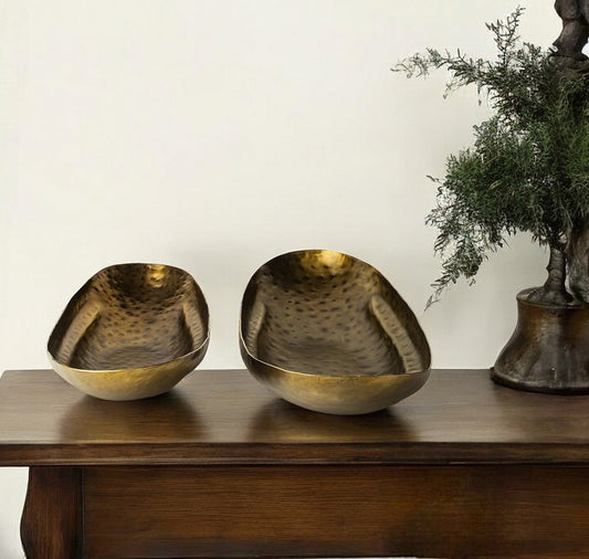 Set of Two Gold Hammered Metal Boat Shaped Decorative Bowls