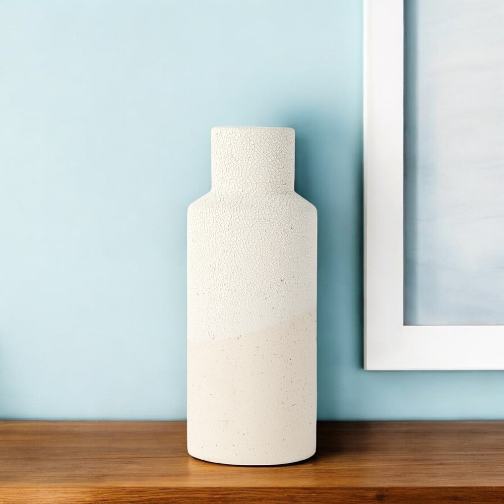 11" Cream And Off White Color Block Ceramic Cylinder Table Vase