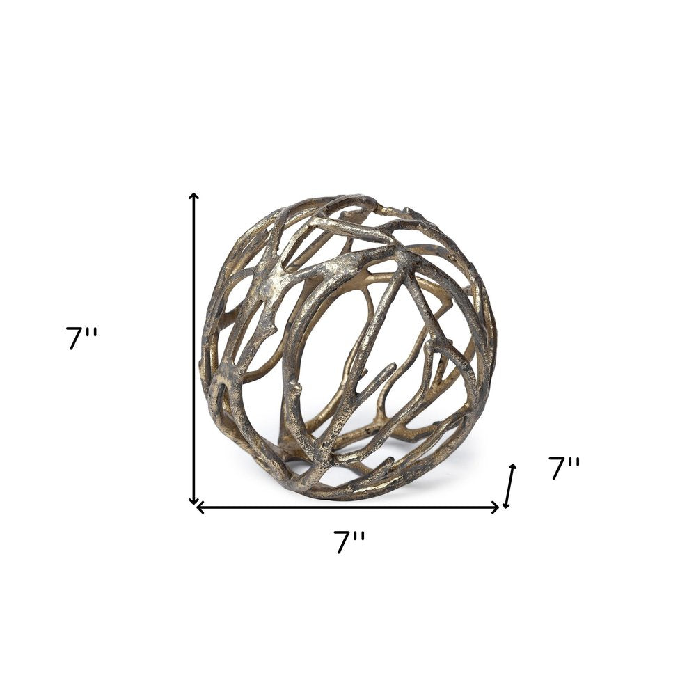 7" Antiqued Gold Rustic Tree Branch Aluminum Orb Tabletop Sculpture