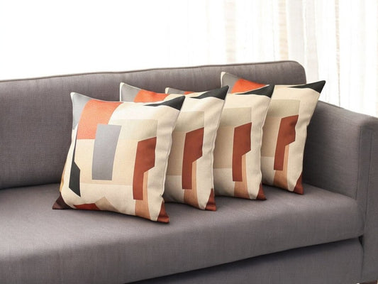 Set of Four 18" Ivory Gray And Orange Abstract Fabric Throw Pillow Covers