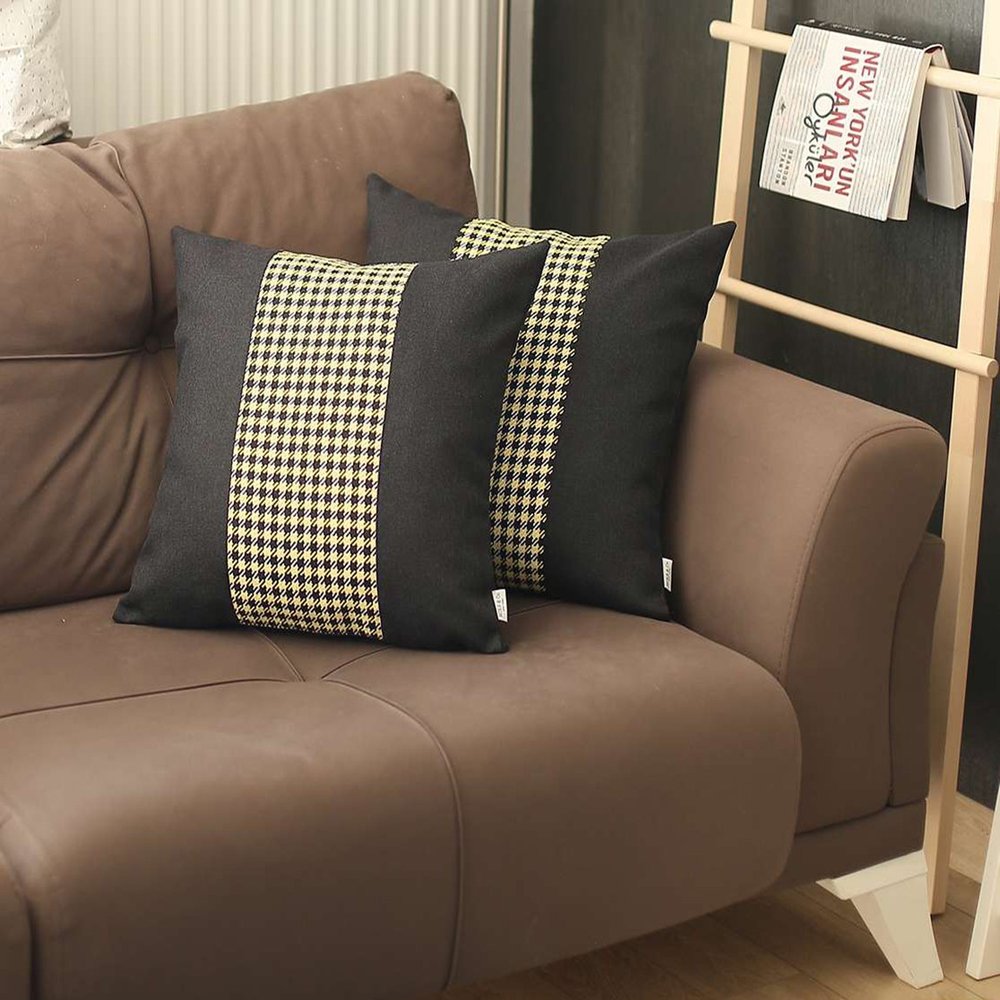 Set of Two 18" Black White and Yellow Houndstooth Fabric Throw Pillow Covers