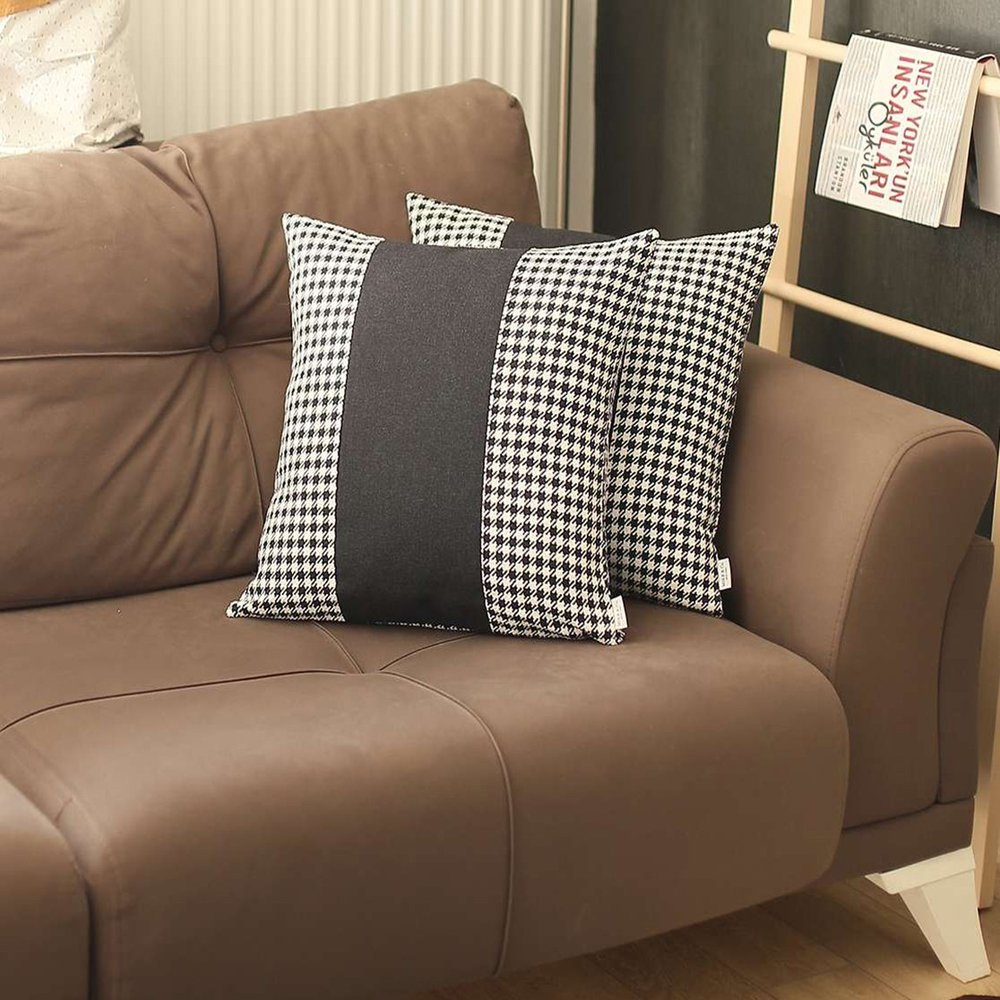 Set of Two 18" Black and White Houndstooth Fabric Throw Pillow Covers