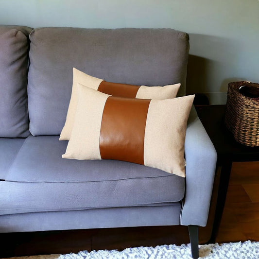 Set of Two 12" X 20" Ivory and Brown Throw Pillow Cover