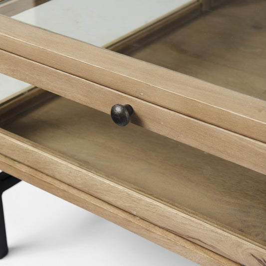 42" Clear and Black Glass and Metal Square Coffee Table With Two Drawers And Shelf