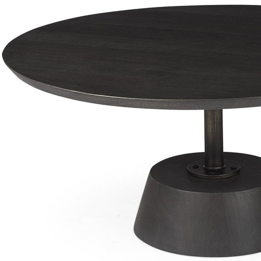32" Dark Brown and Black Solid Wood and Iron Round Pedestal Coffee Table