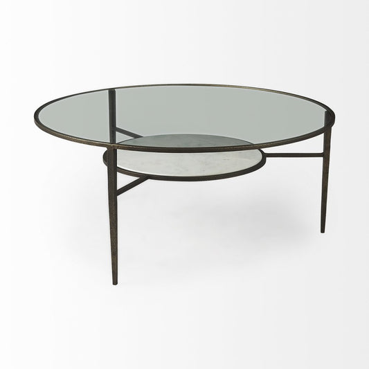 36" Clear and Bronze Glass and Metal Round Coffee Table With Shelf