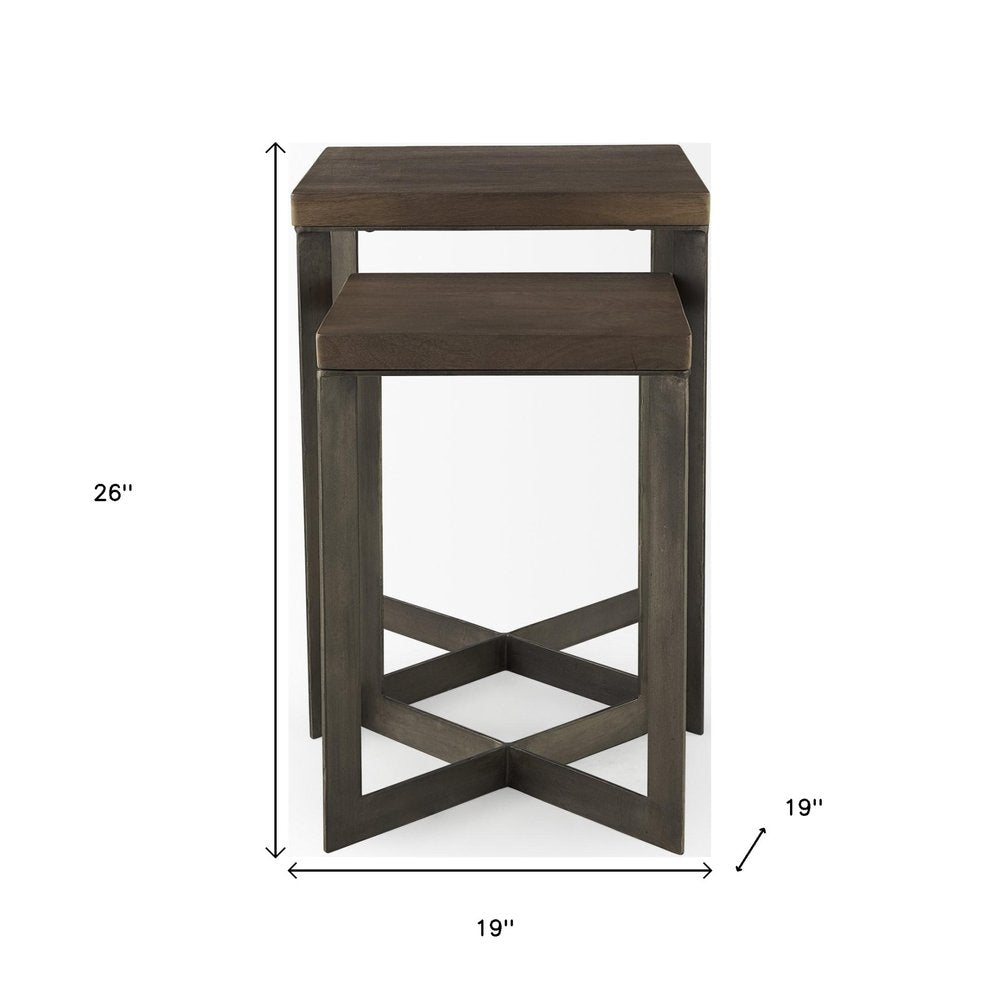 Set of Two Brown Solid Wood and Metal Square Cross Legs Nested Tables