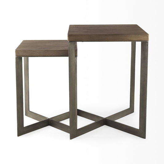Set of Two Brown Solid Wood and Metal Square Cross Legs Nested Tables