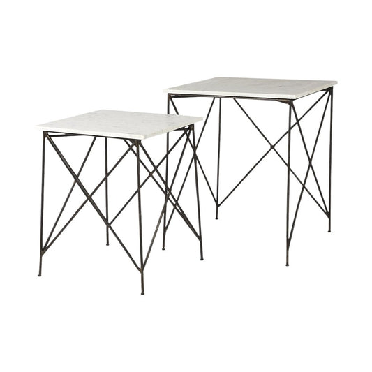 Set of Two White and Black Marble and Metal Square Nested Tables