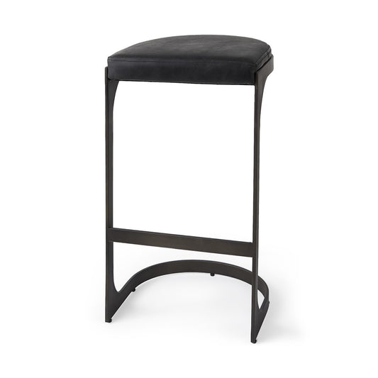 35" Black Leather and Metal Backless Bar Chair