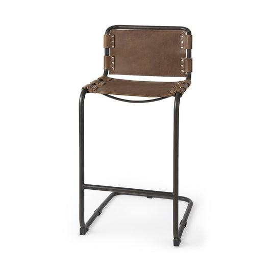35" Brown and Black Leather and Metal Bar Chair