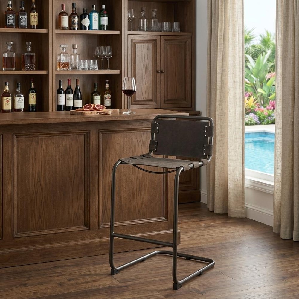 30" Brown And Black Leather And Iron Bar Chair