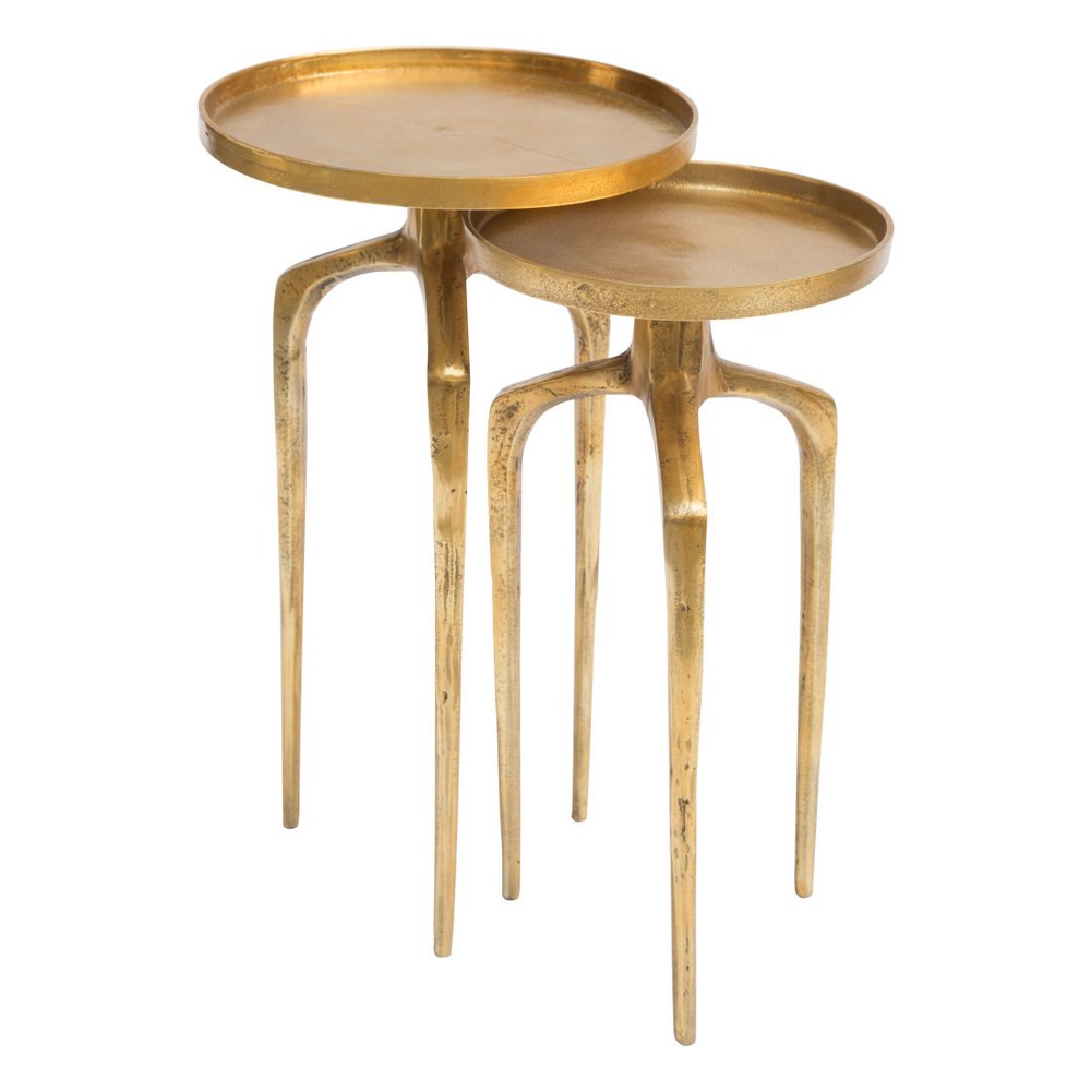 Set of Two Antiqued Gold and Gold Distressed Aluminum Nested Tables
