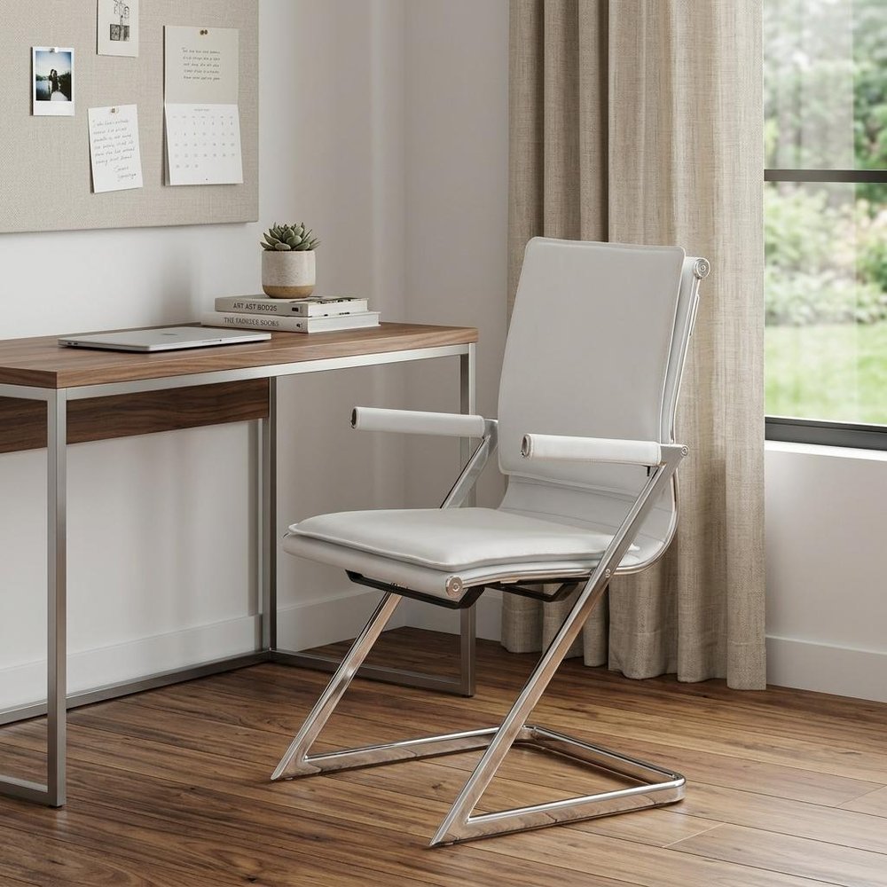Set of Two White and Silver Faux Leather Conference Office Chair