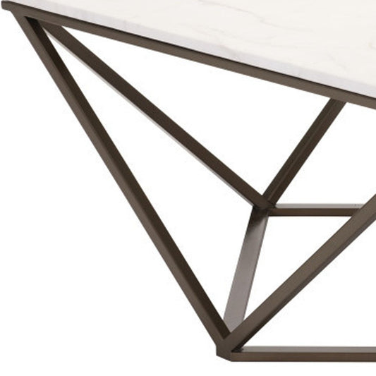 36" White and Antiqued Brass Faux Marble And Steel Square Abstract Coffee Table