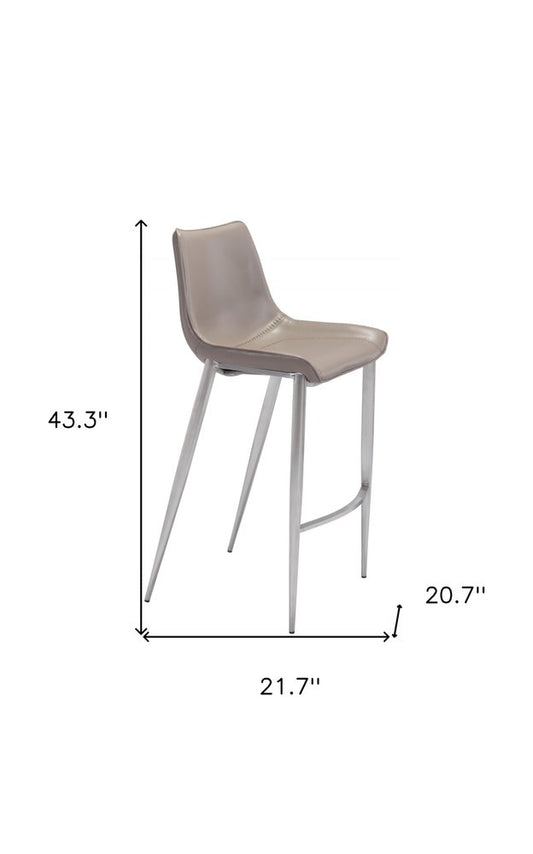 Set of Two 30" Gray And Silver Faux Leather And Steel Low Back Bar Height Bar Chairs
