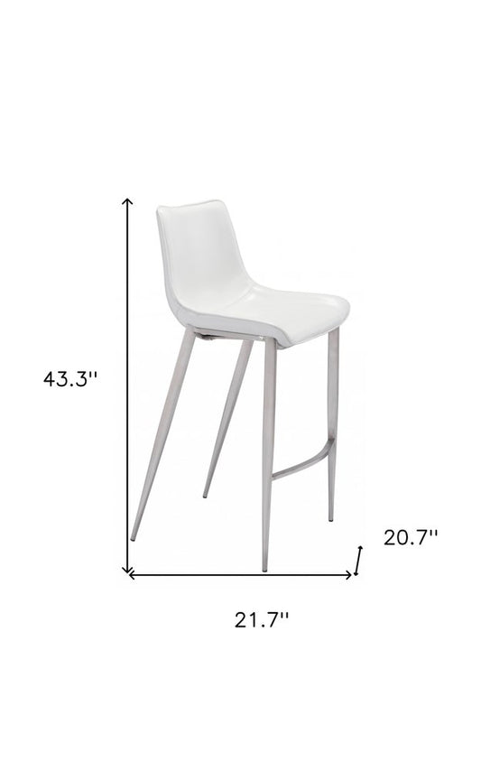 Set of Two 30" White And Silver Faux Leather And Steel Low Back Bar Height Bar Chairs
