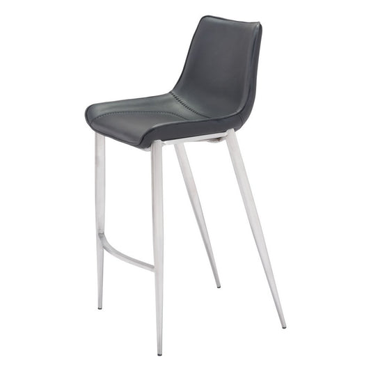 Set of Two 30" Black And Silver Faux Leather And Steel Low Back Bar Height Bar Chairs