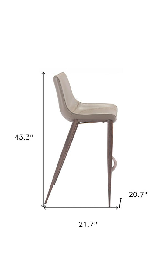 Set of Two 30" Gray And Brown Faux Leather And Steel Low Back Bar Height Bar Chairs