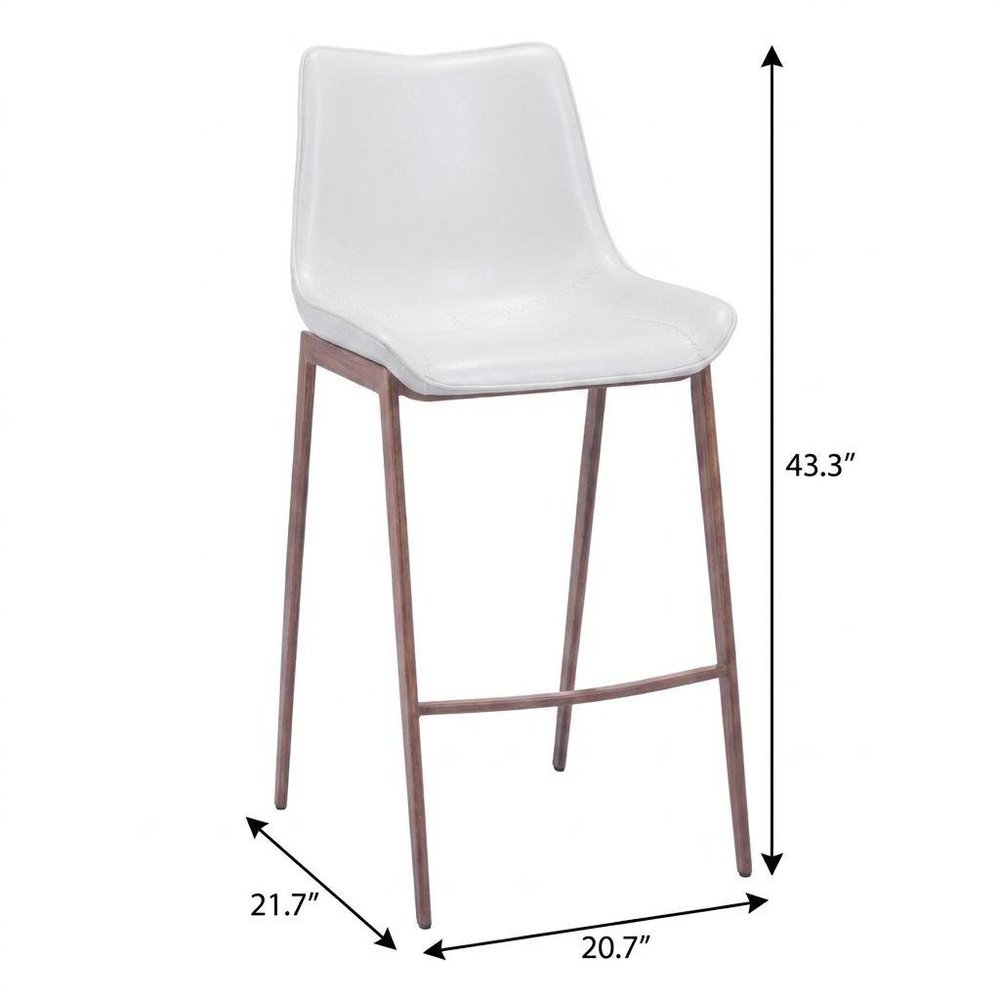 Set of Two 30" White And Brown Faux Leather And Steel Low Back Bar Height Bar Chairs