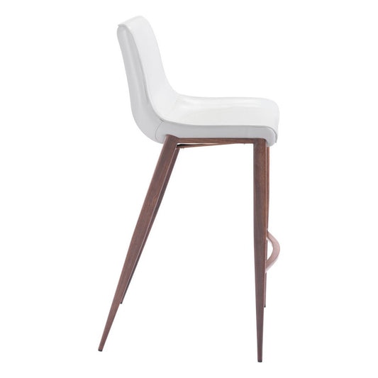 Set of Two 30" White And Brown Faux Leather And Steel Low Back Bar Height Bar Chairs